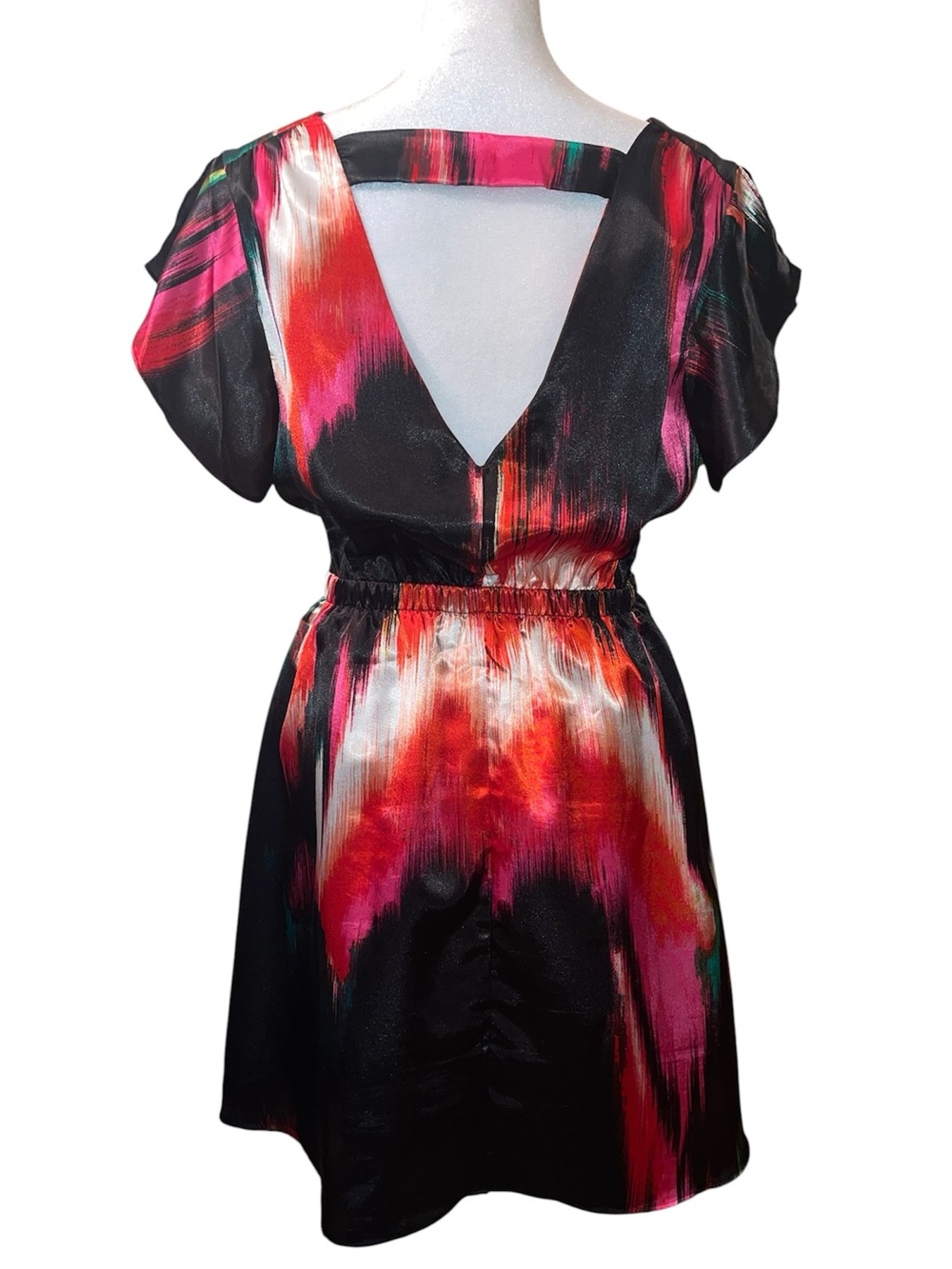 Charlotte Russe Black Multicolor Satin V-Neck Fit and Flare Party Dress Sz M - Picture 3 of 10